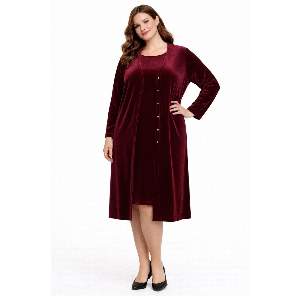 VTG Ronni Nicole II Womens 2 Pc Dress Duster 16 Burgundy Velvet Occasion